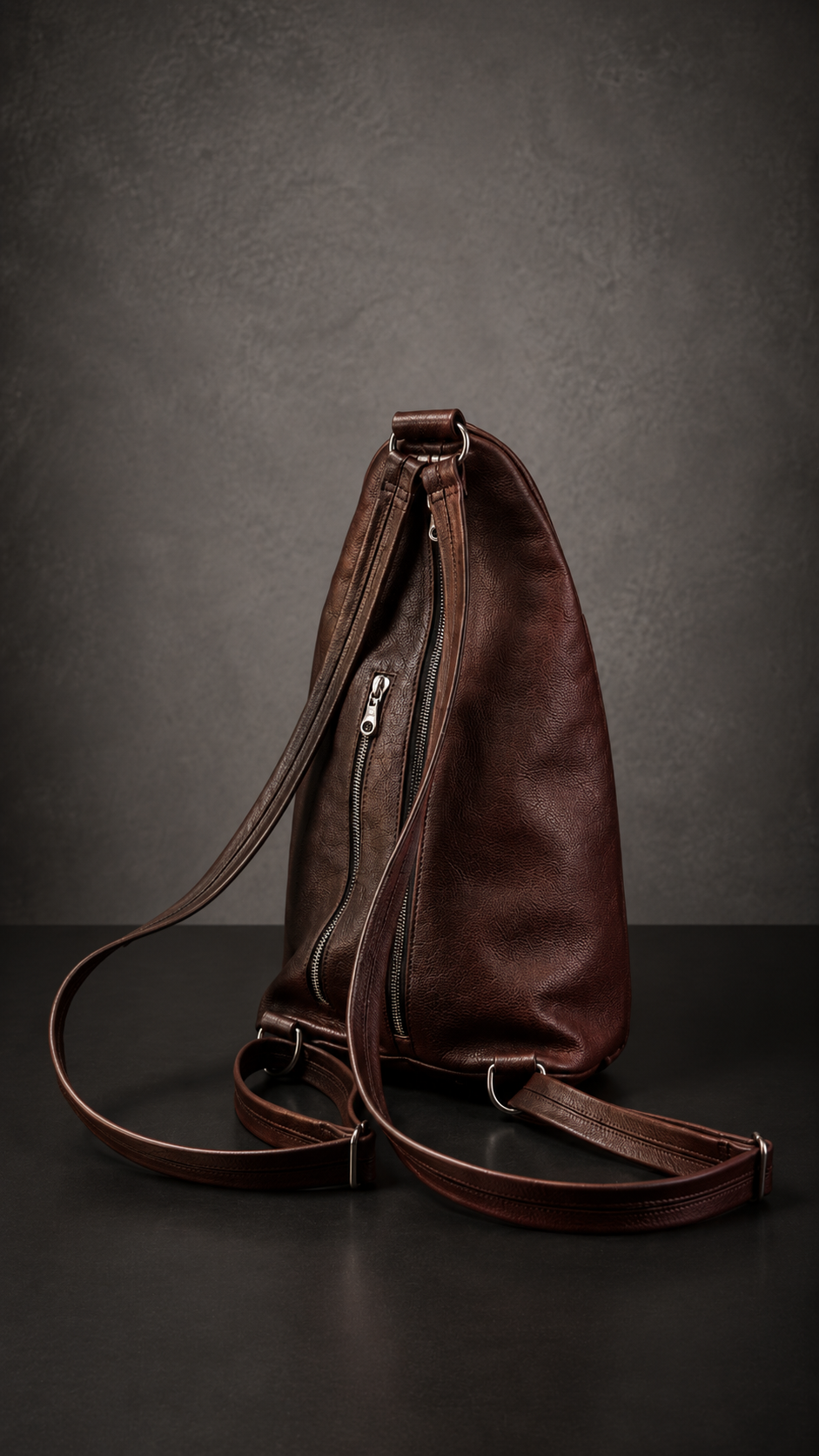 Teardrop Satchel standing on the floor — rear view