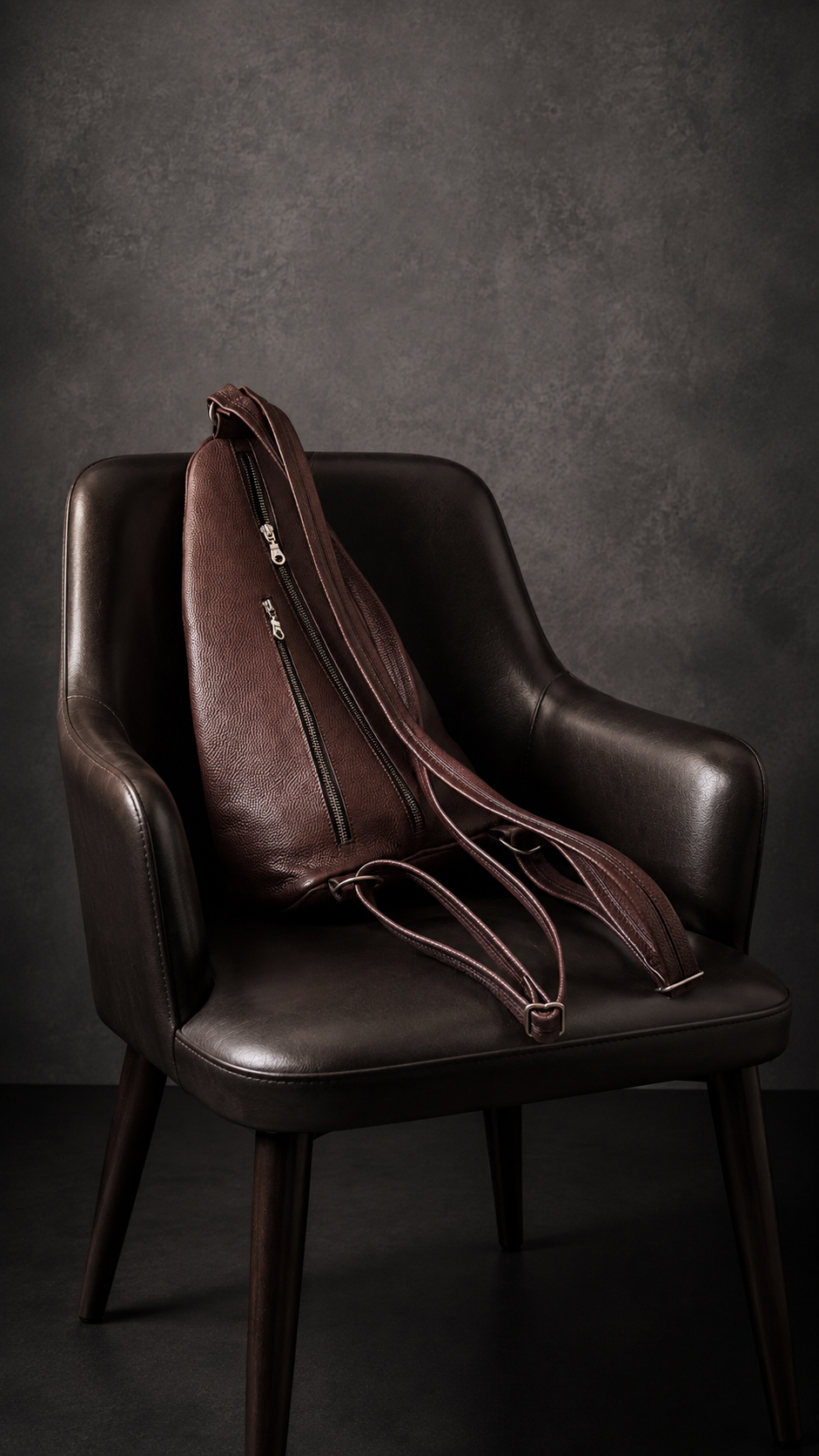 The Teardrop Satchel in Mahogany Brown on a studio chair